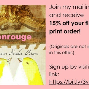 May include: A print featuring two yellow birds with a light background. The word "enrouge" is in pink text. The artist's name, Karan Karla Aron, is also visible. The image is set against a pink background.