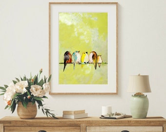 vogels op een draad, familiecadeau voor vogelliefhebbers, vrolijke vogels kunst, gele kleurrijke vogels print, vogel familie kunst print, cadeau voor vriendin