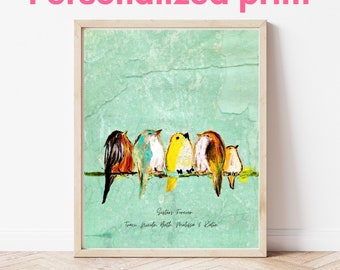 Gepersonaliseerde print voor zussen of beste vrienden - Kleurrijke vogelkunst - Gepersonaliseerde bruidsmeisjescadeau - Oprechte vriendencadeau - Familie van vogels