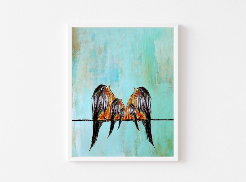 Family of Five Robins Robin Bird Family Portrait Family of Birds On A Wire Mum three babies art Gift for Mum Mother in law gift image 5