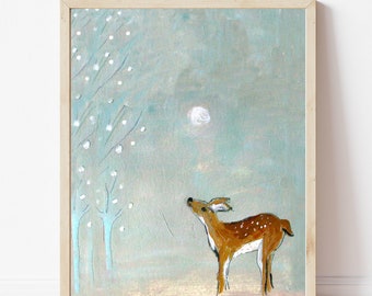 Fawn Winter Scene - Fawn Art Print - Deer Wall Art - Whimsical Deer Art - Deer Nursery Art - Christmas Decor for Baby - Deer themed Nursery