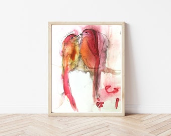 La couleur de l'amour - Impression aquarelle de tourtereaux - Art d'oiseau coloré - Cadeau de mariage pour les amateurs d'oiseaux