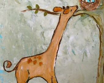 De oppas ~ Giraffe en vogels grillige zoete kinderkamer kunst print veilige groene warme kleuren