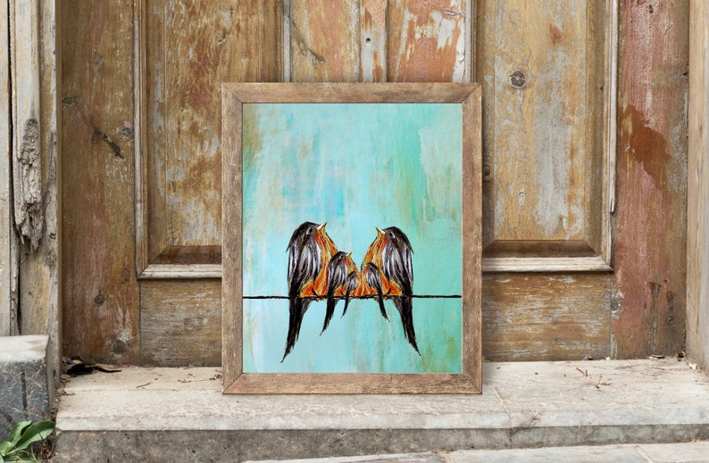 Family of Five Robins Robin Bird Family Portrait Family of Birds On A Wire Mum three babies art Gift for Mum Mother in law gift image 2