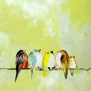 Five colorful birds sit together on a wire in a yellow sky. They are a painted representation of a Robin, Bluebird, Finch, Sparrow, and Wren. The birds are facing each other except for the small bird at the end who distractedly looks the other way.