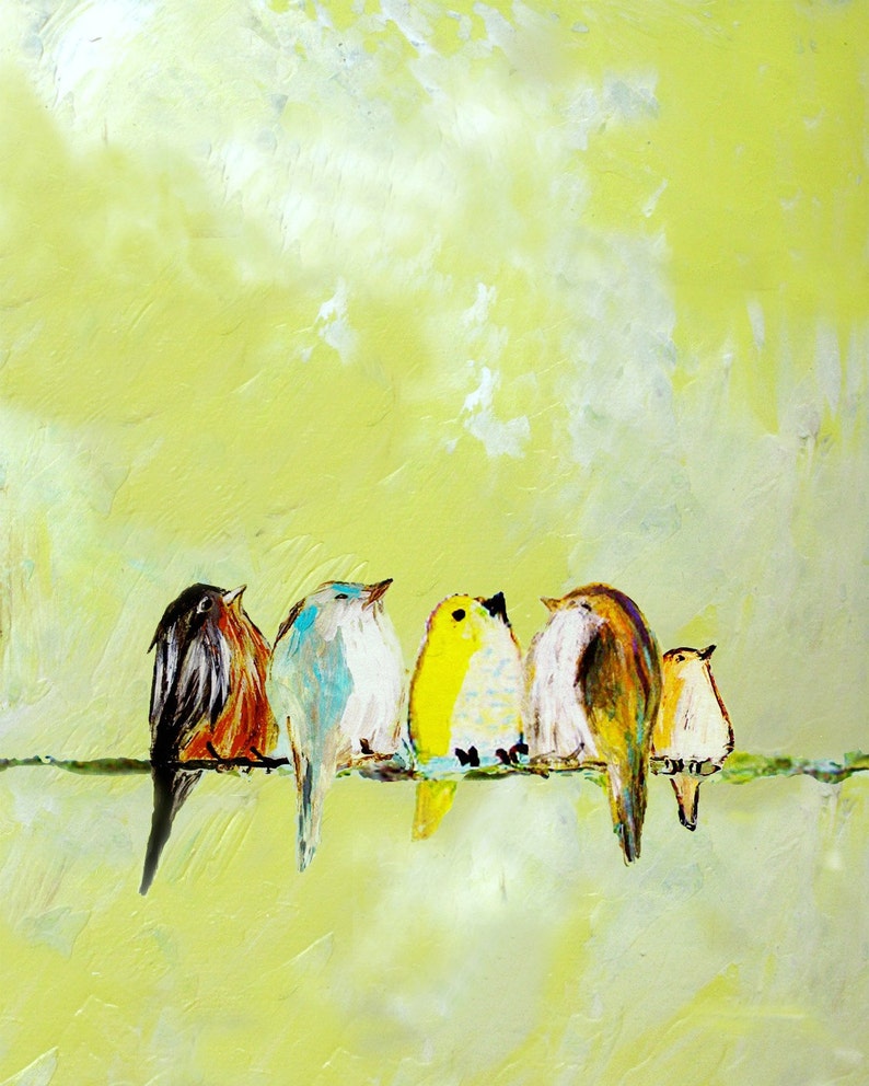 Five colorful birds sit together on a wire in a yellow sky. They are a painted representation of a Robin, Bluebird, Finch, Sparrow, and Wren. The birds are facing each other except for the small bird at the end who distractedly looks the other way.