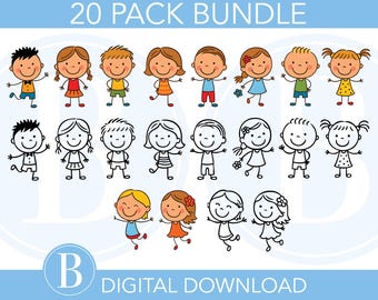Happy Doodle Kids Clipart Set, Stick Figure PNG files For Download, Cartoon Children SVG Clipart