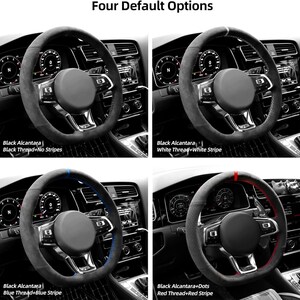 May include: Four steering wheel options for a car. The steering wheels are black Alcantara with different thread and stripe colors. The options are black thread with no stripes, white thread with a white stripe, blue thread with a blue stripe, and red thread with red dots.