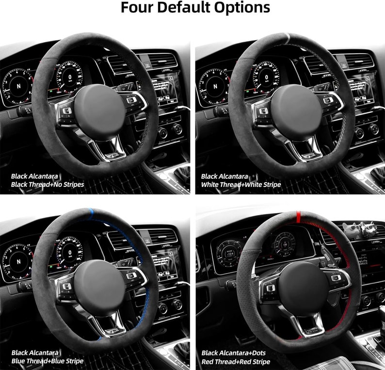 May include: Four steering wheel options for a car. The steering wheels are black Alcantara with different thread and stripe colors. The options are black thread with no stripes, white thread with a white stripe, blue thread with a blue stripe, and red thread with red dots.