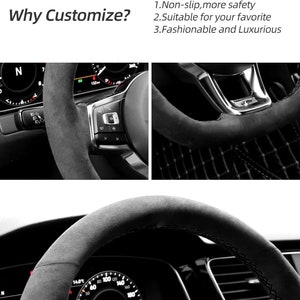 May include: Close-up of a black leather steering wheel with a suede cover. The steering wheel has a silver trim and a silver button with the letter "N" on it. The steering wheel is in a car interior.