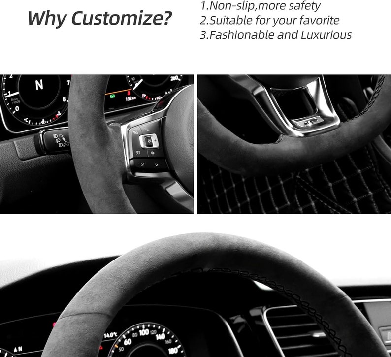 May include: Close-up of a black leather steering wheel with a suede cover. The steering wheel has a silver trim and a silver button with the letter "N" on it. The steering wheel is in a car interior.