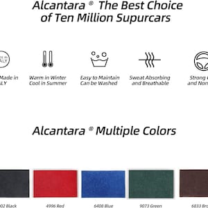 May include: Alcantara&reg; fabric swatches in black, red, blue, green, and brown. The fabric is described as the best choice for ten million supercars. It is 100% made in Italy, warm in winter, cool in summer, easy to maintain, sweat absorbing, breathable, and has a strong grip that is non-slip.