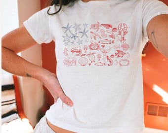 Baby Tee American Flag 4th of July | 4th of July Shirt | Retro Vintage USA Shirt | Sea Aesthetic Baby Tee |Coquette American Baby Tee |