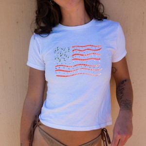 American Flag Baby Tee | Independence Day Usa Baby Tee | Patriotic USA T-Shirt | Y2K Fashion America Shirt | 4th Of July Y2K Tee |
