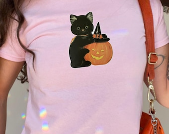 Black Cat Pumpkin Baby Tee | Spooky Season Cat Shirt | Vintage Halloween Girly Graphic Tee | Y2K Fall Kitten Aesthetic Top |