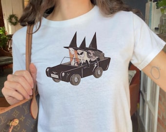 Witchy Road Trip Baby Tee | Spooky Girl Fall Graphic Tee | Halloween Aesthetic Shirt | Y2K Witchcore Tee for October Vibes |