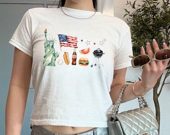 4 de julio Camiseta para bebé Y2K Estilo álbum de recortes Vintage Americana Crop Top Camisa del Día de la Independencia de EE. UU. Traje del 4 de julio Hotdog