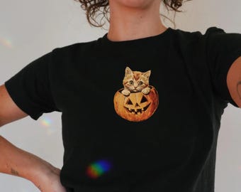 Pumpkin Peekaboo Cat Baby Tee | Vintage Fall Kitten Halloween Tee | Retro Spooky Season Aesthetic Shirt |