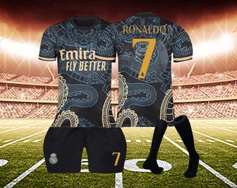23/24 Madrid Black Dragons Special Edition Football Jersey, #7 Ronaldo Jersey and Shorts and Socks Set, Suitable for Children and Adult