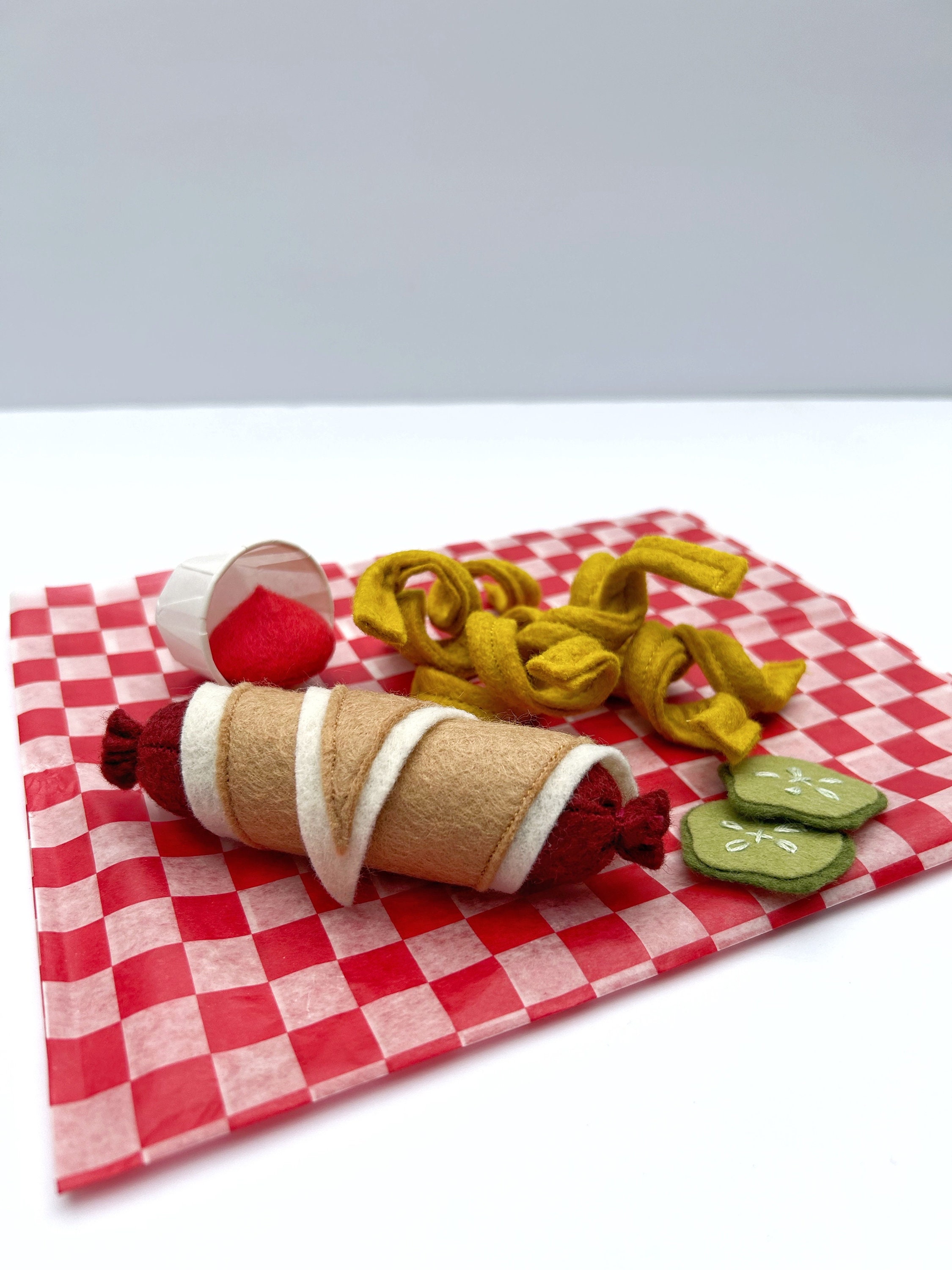 Felt Hot Dog Set, Curly Fries, Pickles and Ketchup, Felt Picnic Set