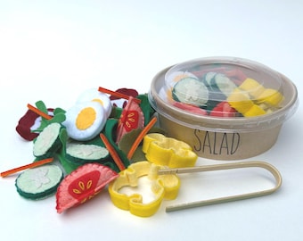 Felt Play Food Salad Set: Toy Kitchen Food with Tongs in take-away container
