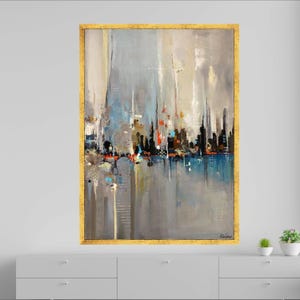 Modern Abstract Cityscape Canvas, Urban Skyline Wall Art, Contemporary City View, Blue and Grey Home Decor, Ready to Hang Canvas Painting