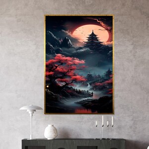 Moonlit Pagode Serenity, Kirschblüte Leinwand, Asiatische Landschaft Wandkunst, Midnight Tranquility Poster, Wand Kunst Canvas Design, fertig zum Aufhängen