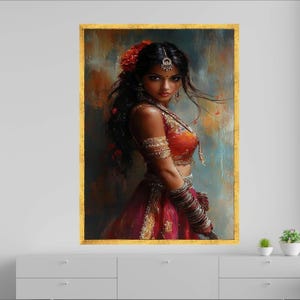 Elegant Indian Woman Portrait Canvas, Traditional Bridal Attire Wall Art, Ethnic Beauty Painting, Cultural Home Decor, Ready to Hang Canvas