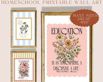 May include: Homeschool printable wall art with gold frames. The art includes botanical illustrations and quotes. One piece has blue and white stripes, another has gold stripes, and the largest has a pink scalloped edge with the word "EDUCATION".