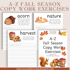 May include: A set of fall-themed copy work exercises for Pre-K to Second Grade. The image features illustrations of acorns, nature scenes, and pumpkins. The text includes the words "acorn," "nature," and "harvest."