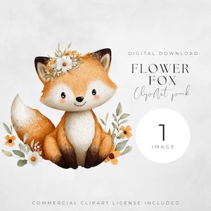 Clipart renard des bois | Joli bébé renard avec des fleurs | Animal peint à la main PNG pour chambre d'enfant, baby shower, scrapbooking, sublimation