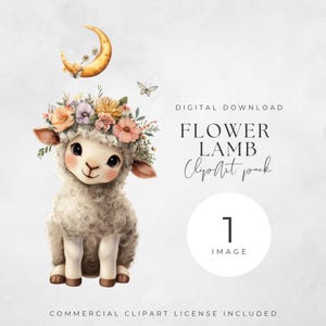 Kawaii Lamb Watercolor Clip Art: Flower Crown PNG (Digital Download, Commercial Use, 300 DPI)