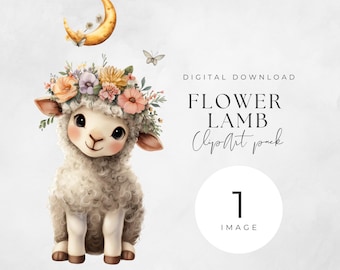 Kawaii Lamb Watercolor Clip Art: Flower Crown PNG (Digital Download, Commercial Use, 300 DPI)