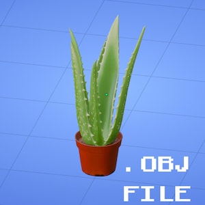 May include: A digital 3D model of an aloe vera plant with long, pointed, light green leaves featuring white serrated edges and speckled textures, potted in a solid orange container, displayed against a blue grid background with .OBJ FILE text.