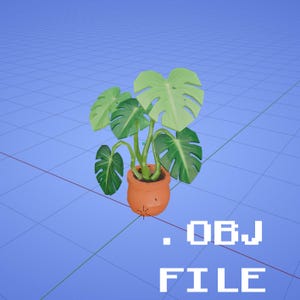 May include: A 3D digital model of a potted Monstera plant featuring large, split green leaves with light and dark shading. The plant is housed in a rounded, terracotta-colored pot. The text .OBJ FILE is displayed in white, pixelated font in the corner.