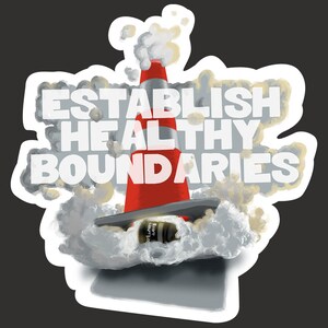 Vinylsticker legt gezonde grenzen vast | Veiligheidshack protesteren | Funny Riot Cone-sticker voor laptop, bidon en notebook