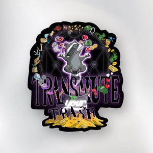 Transformeer je prullenbak vinylsticker | Spiritual Alchemy Trash Panda-sticker voor laptop, bidon, notebook