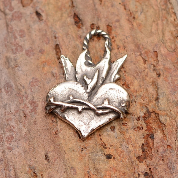 Sterling Silver Sacred Heart with Thorns // Crown of Thorns Heart Charm // H-720