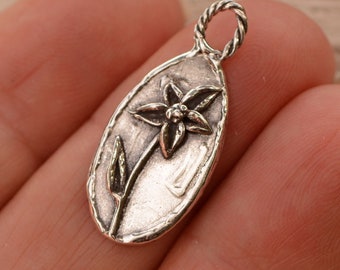 Flower on Oval Charm, Sterling Silver, Etched Love, SS-1058