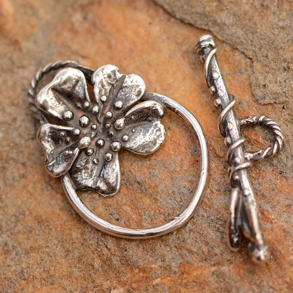 Artisan Flower Toggle with Leaf Bar in Sterling Silver, CatD-1004-1005