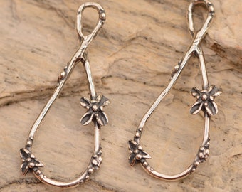 Artisan Earring Teardrop Hoops with Flowers, Sterling Silver, CatD-778 (PAIR)