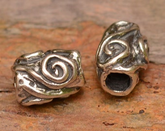 One Artisan Sterling Silver Tube Shape Barrel Bead with Spirals, Swirly Bead