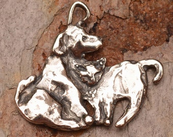 Cat and Dog Charm in Sterling Silver, Best Friends, Little Buddies