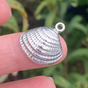 May include: A silver charm in the shape of a seashell. The charm has a detailed, textured surface and a loop at the top for attaching to a necklace or bracelet.