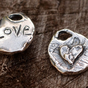 Rustic Sterling Silver Heart Charm Etched Love on Back, CatD-452 (ONE)