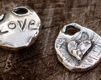 Rustic Sterling Silver Heart Charm Etched Love on Back, CatD-452 (ONE)