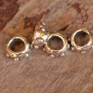 Small Dotted Spacer Beads, 3mm Inside Diameter, BE-512, Sterling Silver Spacer Beads (Set of 4)