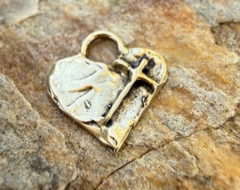 Tiny Cross Heart Charm, Gold Bronze, Artisan Made, 811-YB