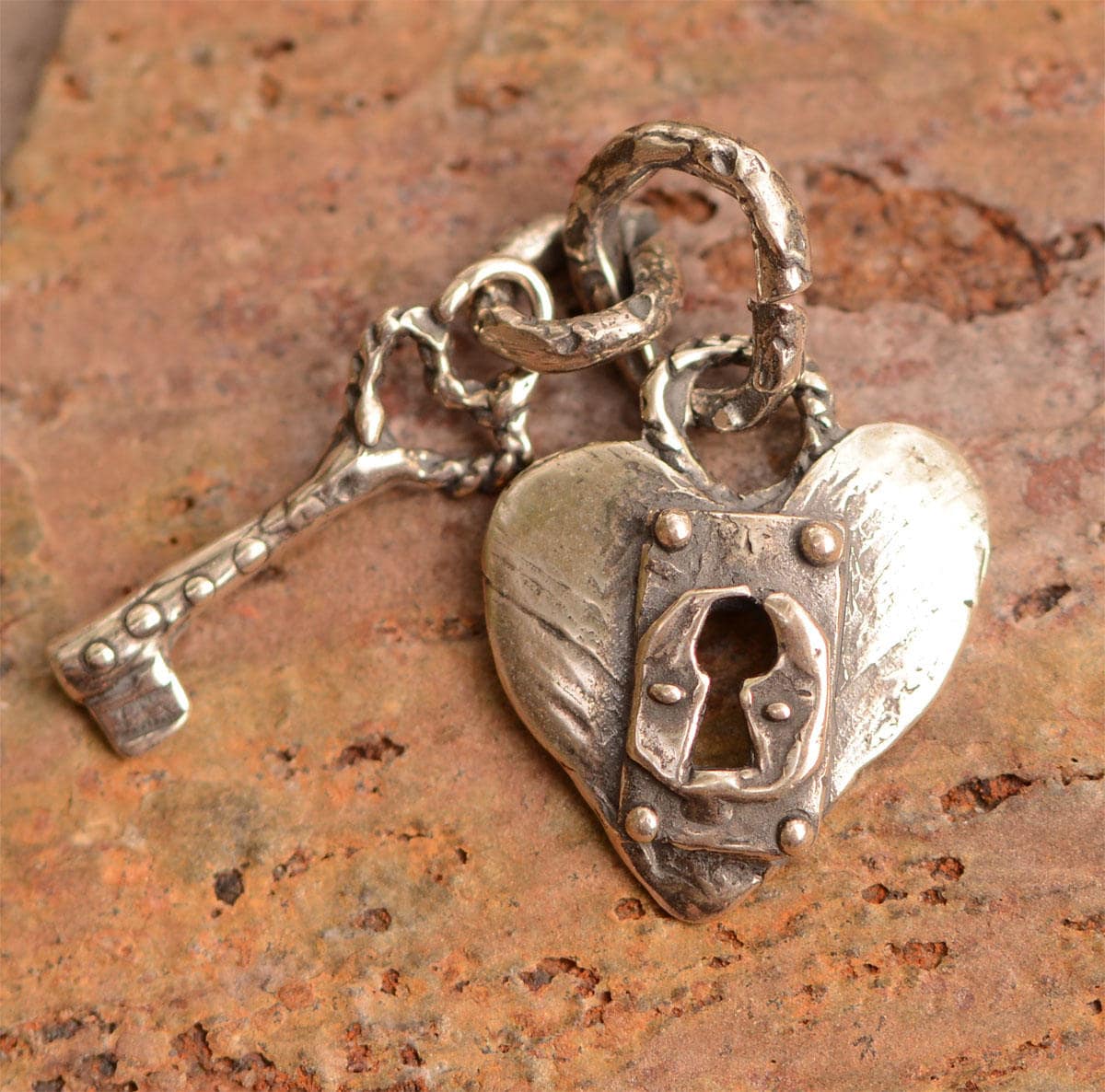 Sterling Silver Heart Lock With Key Charm, SS-599 With Jump Rings