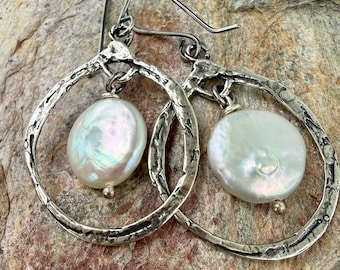 Rustic Hoops with Coin Pearl Earrings in Sterling Silver, SS-672/hooks